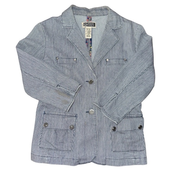 Women's Railroad Striped Blue/White Blazer Jacket Route 66 Size Med Trucker - Picture 2 of 4